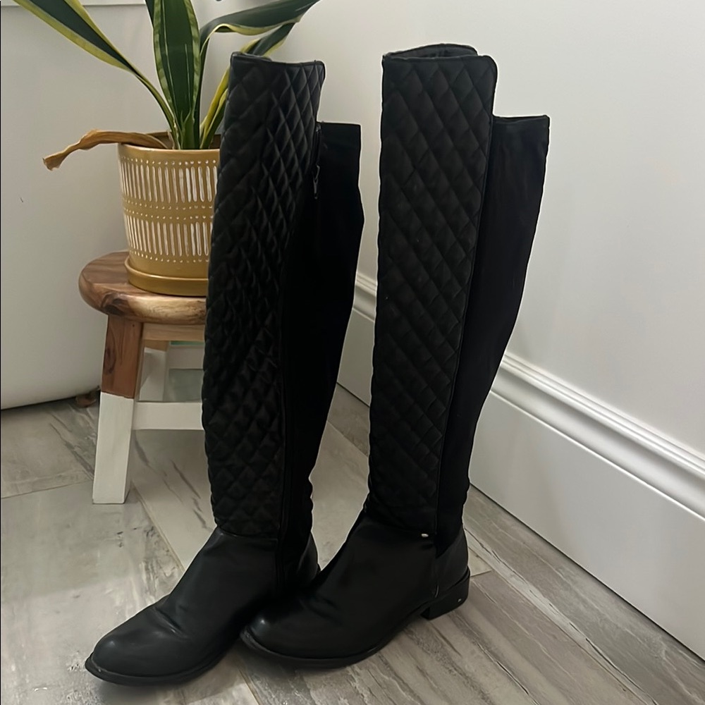 Quilted Black Knee-High Boots